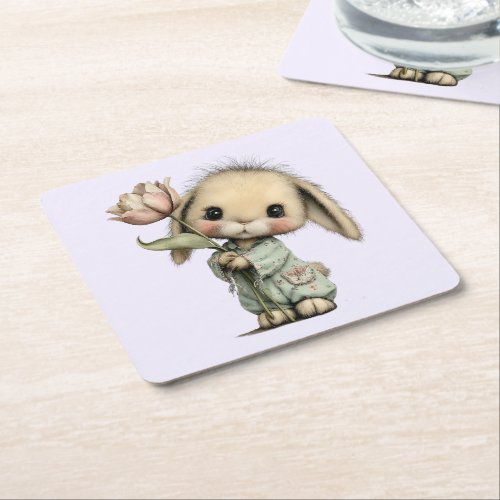 Cute Bunny Holding a Tulip Square Paper Coaster