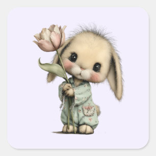 Cute Bunny Holding a Tulip Square Sticker