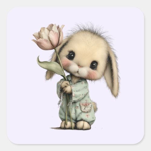 Cute Bunny Holding a Tulip Square Sticker