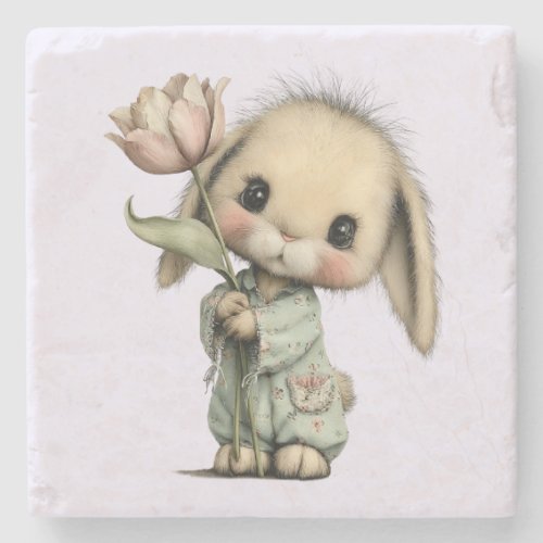 Cute Bunny Holding a Tulip Stone Coaster