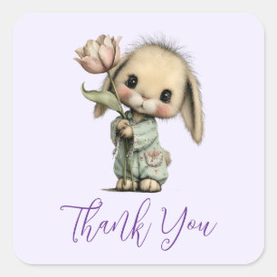 Cute Bunny Holding a Tulip Thank You Square Sticker