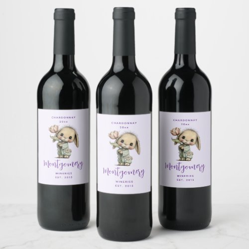 Cute Bunny Holding a Tulip Wine Making Label