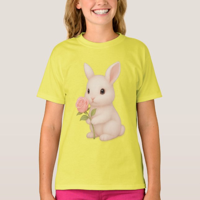 Cute Bunny Holding Flower Girls' T-Shirt  (Front)