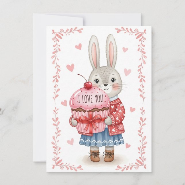 Cute Bunny Holding Pink Cupcake Holiday Card (Front)