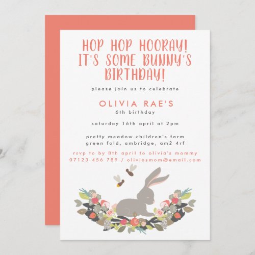 Cute Bunny Hop Hop Hooray Kids Birthday Invitation