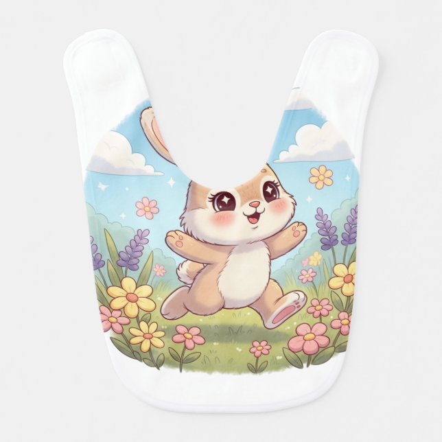 Cute Bunny Hopping in a Flower Field Baby Bib (Front)