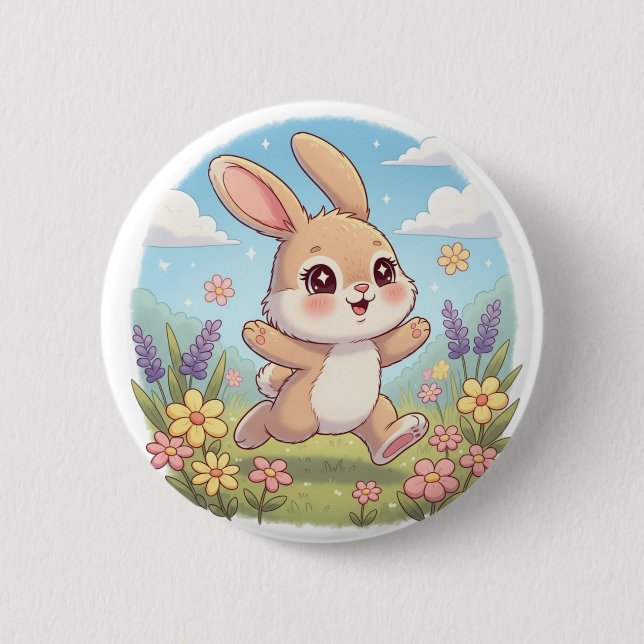 Cute Bunny Hopping in a Flower Field Button (Front)