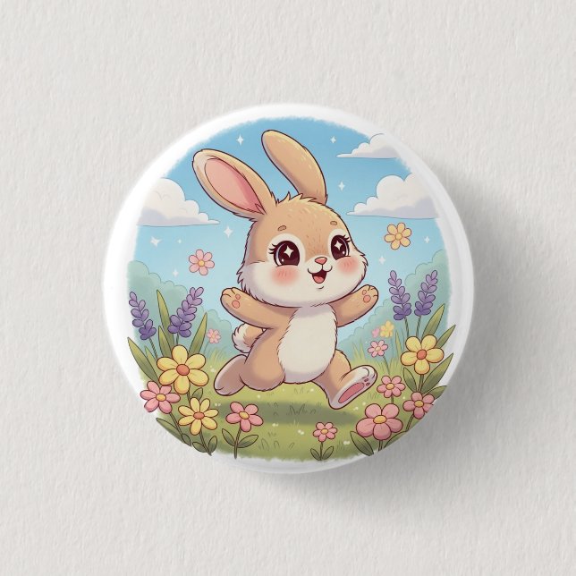Cute Bunny Hopping in a Flower Field Button (Front)