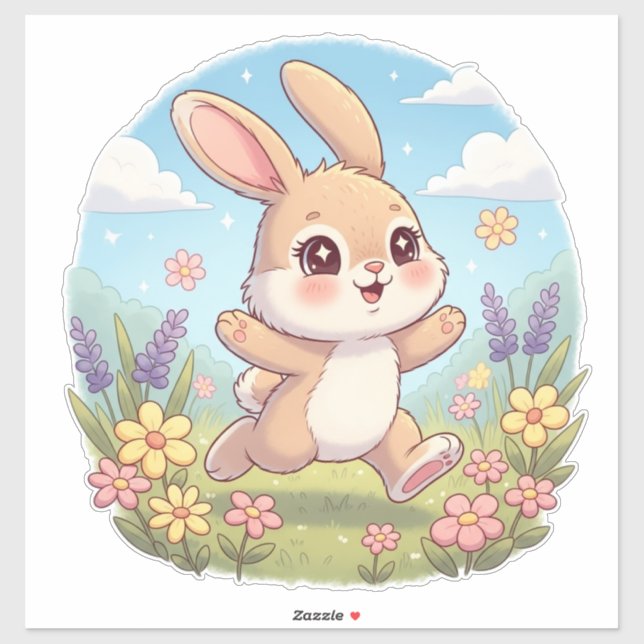 Cute Bunny Hopping in a Flower Field Sticker (Sheet)
