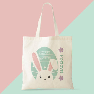 Cute Bunny Hoppy Easter egg hunt Personalized Name Tote Bag