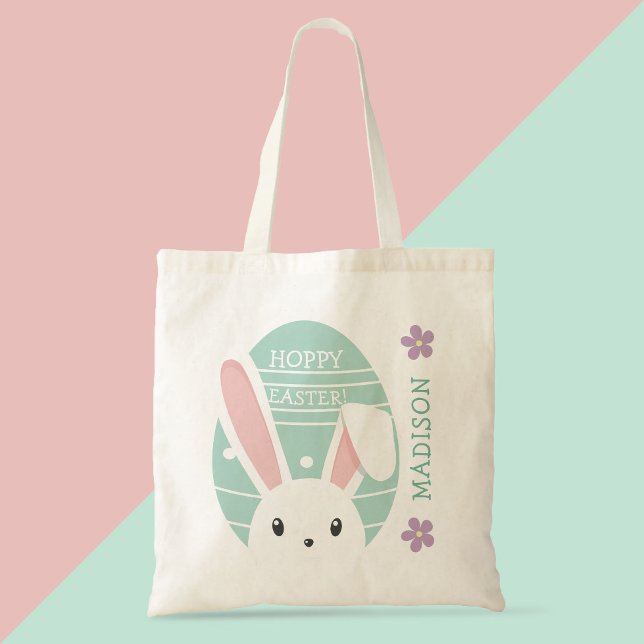 Cute Bunny Hoppy Easter egg hunt Personalized Name Tote Bag (Creator Uploaded)