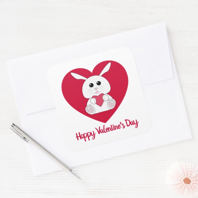 Cute bunny Hoppy Valentine day red Heart Square Sticker (Envelope)