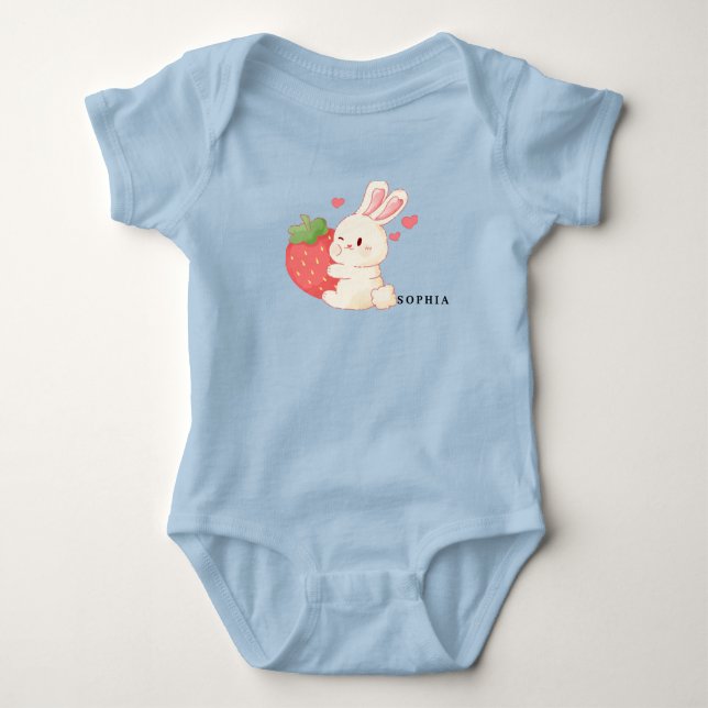 CUTE BUNNY Hugging a Strawberry baby bodysuit (Front)