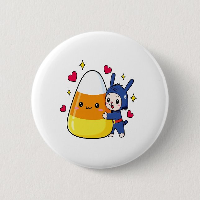 Cute Bunny Hugging Candy Corn Button (Front)