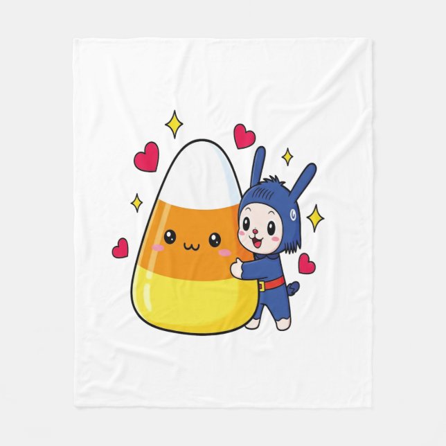 Cute Bunny Hugging Candy Corn Fleece Blanket (Front)