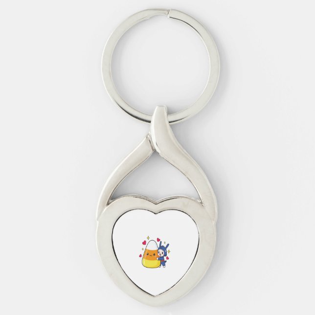 Cute Bunny Hugging Candy Corn Keychain (Front)