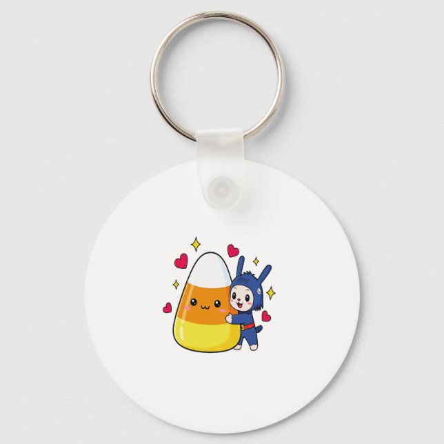 Cute Bunny Hugging Candy Corn Keychain (Front)