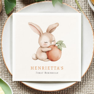 Cute Bunny Hugging Peach First Birthday Girl Paper Napkins