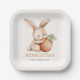 Cute Bunny Hugging Peach First Birthday Girl Paper Plates