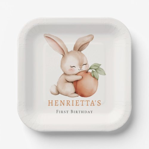 Cute Bunny Hugging Peach First Birthday Girl Paper Plates
