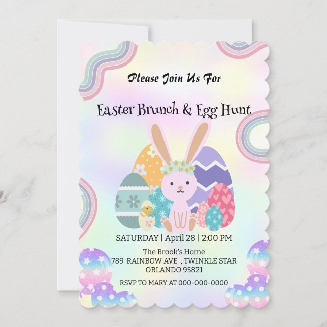 Cute bunny hunting egg Dino Happy Easter day Party Invitation (Front)