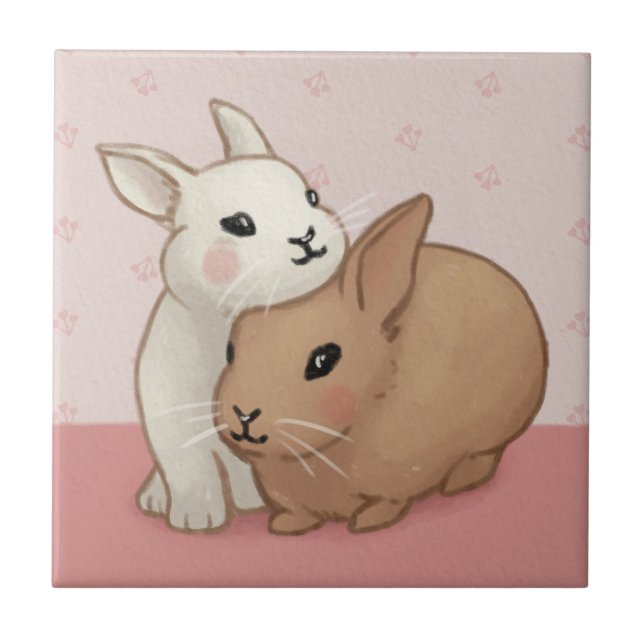Cute Bunny Illustration Ceramic Tile (Front)