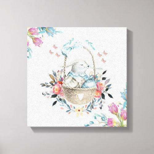 Cute Bunny in a basket with Eggs  Pretty Flowers Canvas Print