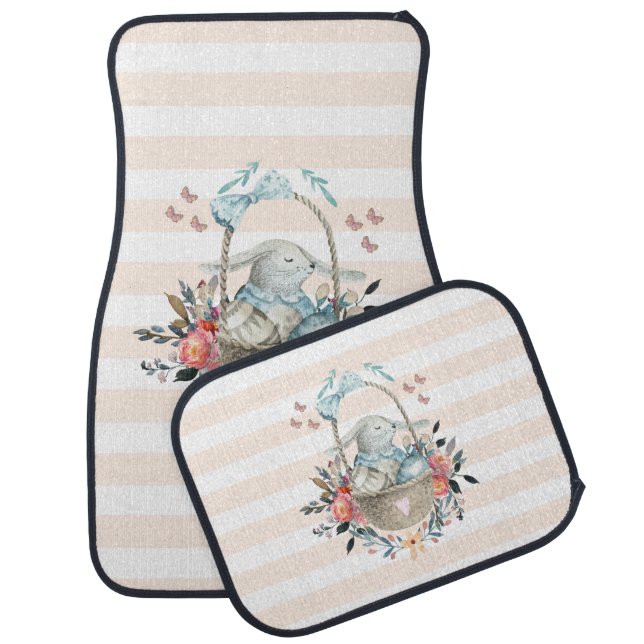 Cute Bunny in a basket with Eggs & Pretty Flowers Car Floor Mat (Set)