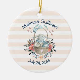 Cute Bunny in a basket with Eggs & Pretty Flowers Ceramic Ornament