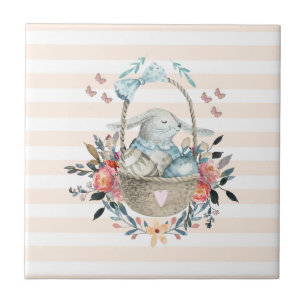 Cute Bunny in a basket with Eggs & Pretty Flowers Ceramic Tile