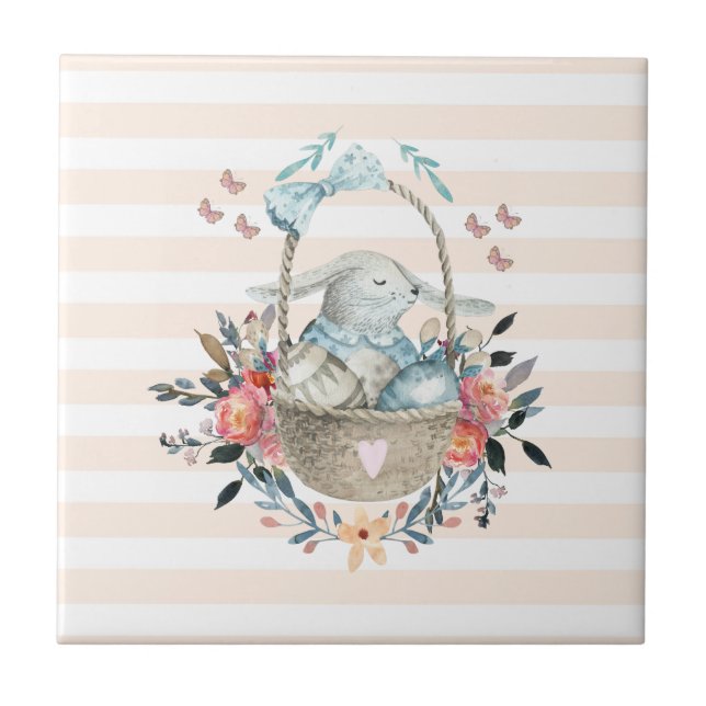 Cute Bunny in a basket with Eggs & Pretty Flowers Ceramic Tile (Front)