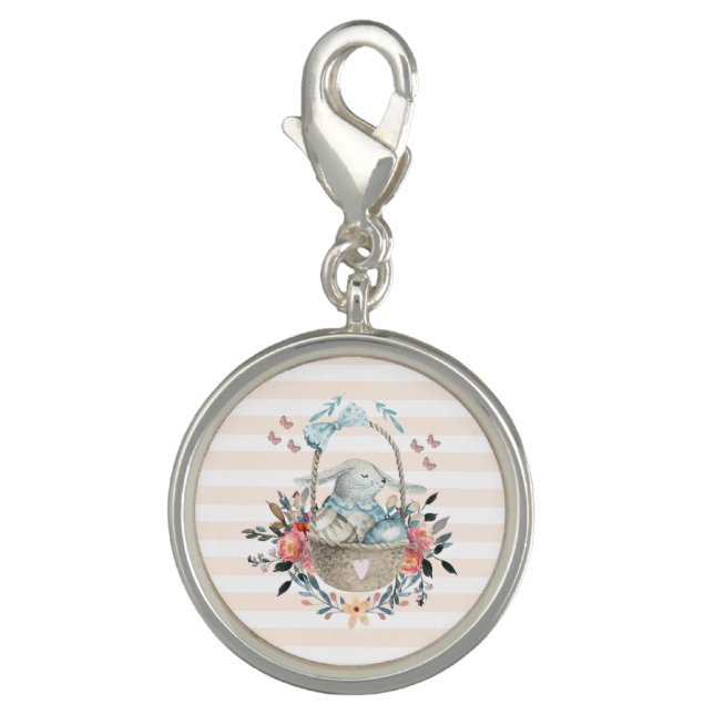 Cute Bunny in a basket with Eggs & Pretty Flowers Charm (Front)