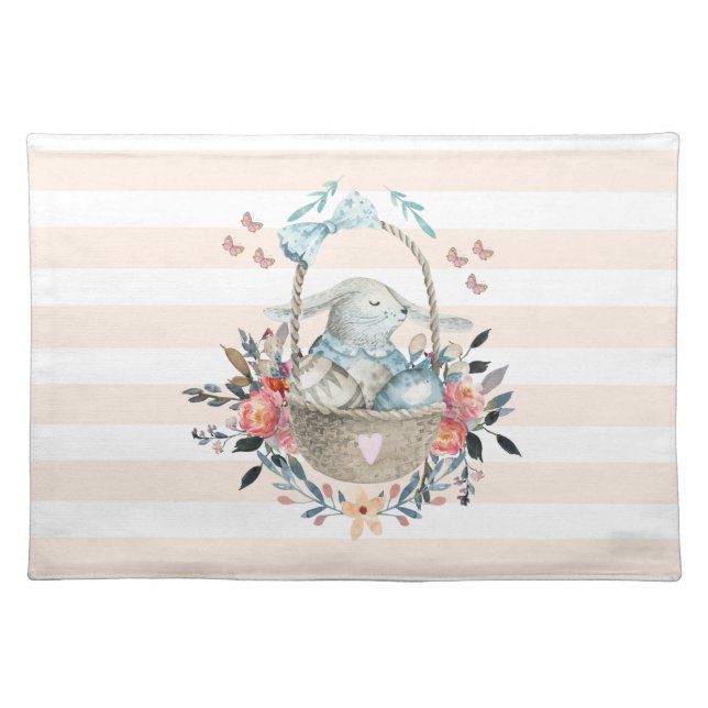 Cute Bunny in a basket with Eggs & Pretty Flowers Cloth Placemat (Front)