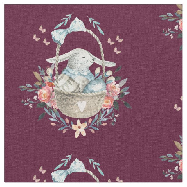 Cute Bunny in a basket with Eggs & Pretty Flowers Fabric (Close Up)