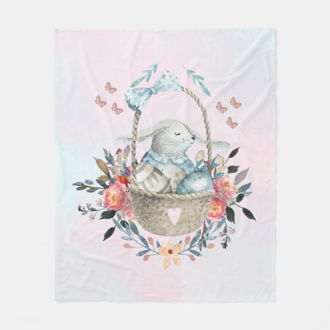 Cute Bunny in a basket with Eggs & Pretty Flowers Fleece Blanket (Front)