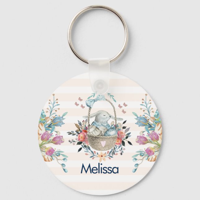 Cute Bunny in a basket with Eggs & Pretty Flowers Keychain (Front)