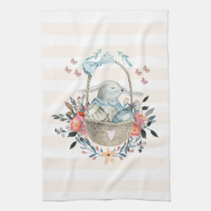 Cute Bunny in a basket with Eggs & Pretty Flowers Kitchen Towel