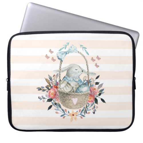 Cute Bunny in a basket with Eggs  Pretty Flowers Laptop Sleeve