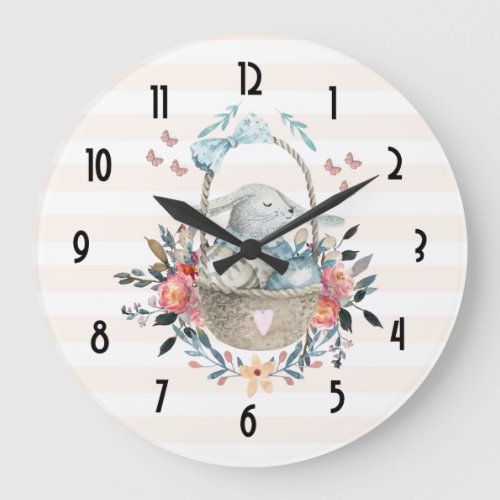 Cute Bunny in a basket with Eggs  Pretty Flowers Large Clock