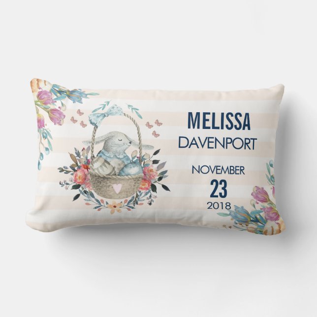 Cute Bunny in a basket with Eggs & Pretty Flowers Lumbar Pillow (Front)
