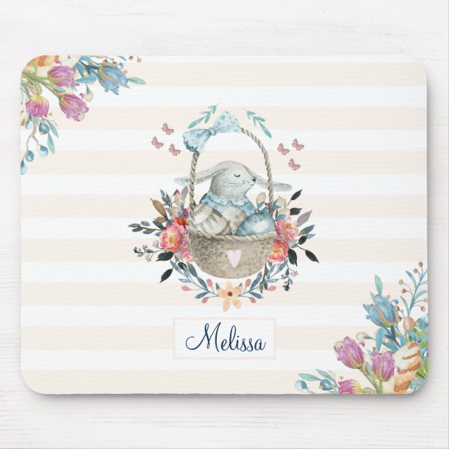 Cute Bunny in a basket with Eggs & Pretty Flowers Mouse Pad (Front)