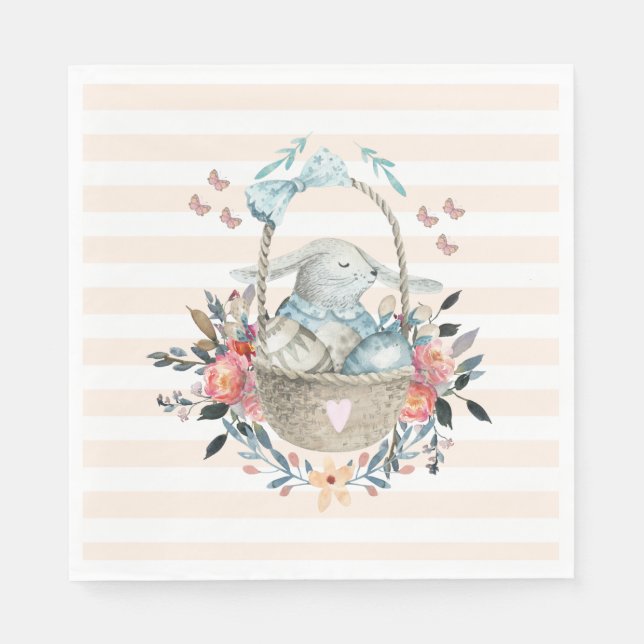 Cute Bunny in a basket with Eggs & Pretty Flowers Napkins (Front)