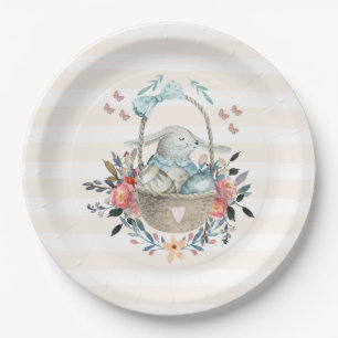 Cute Bunny in a basket with Eggs & Pretty Flowers Paper Plates