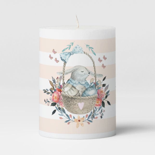 Cute Bunny in a basket with Eggs & Pretty Flowers Pillar Candle (Front)