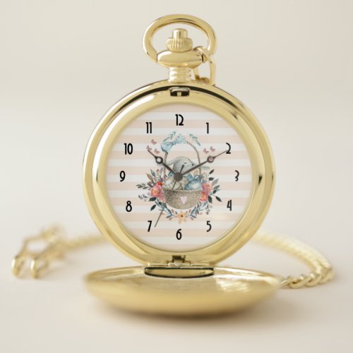 Cute Bunny in a basket with Eggs  Pretty Flowers Pocket Watch