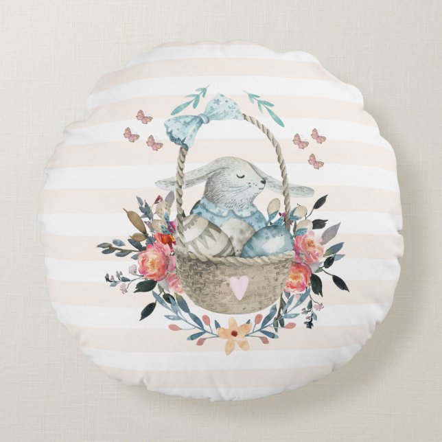 Cute Bunny in a basket with Eggs & Pretty Flowers Round Pillow (Front)