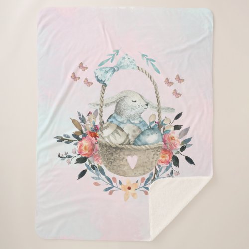 Cute Bunny in a basket with Eggs  Pretty Flowers Sherpa Blanket