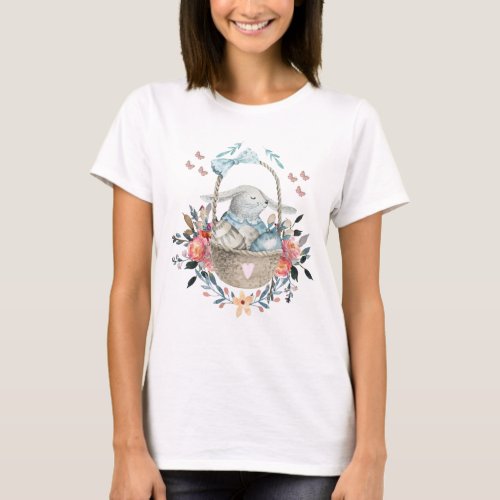 Cute Bunny in a basket with Eggs  Pretty Flowers T_Shirt