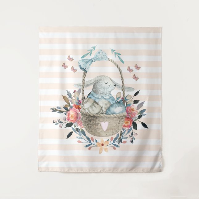 Cute Bunny in a basket with Eggs & Pretty Flowers Tapestry (Front)