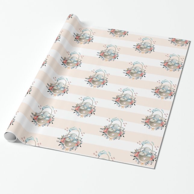 Cute Bunny in a basket with Eggs & Pretty Flowers Wrapping Paper (Unrolled)
